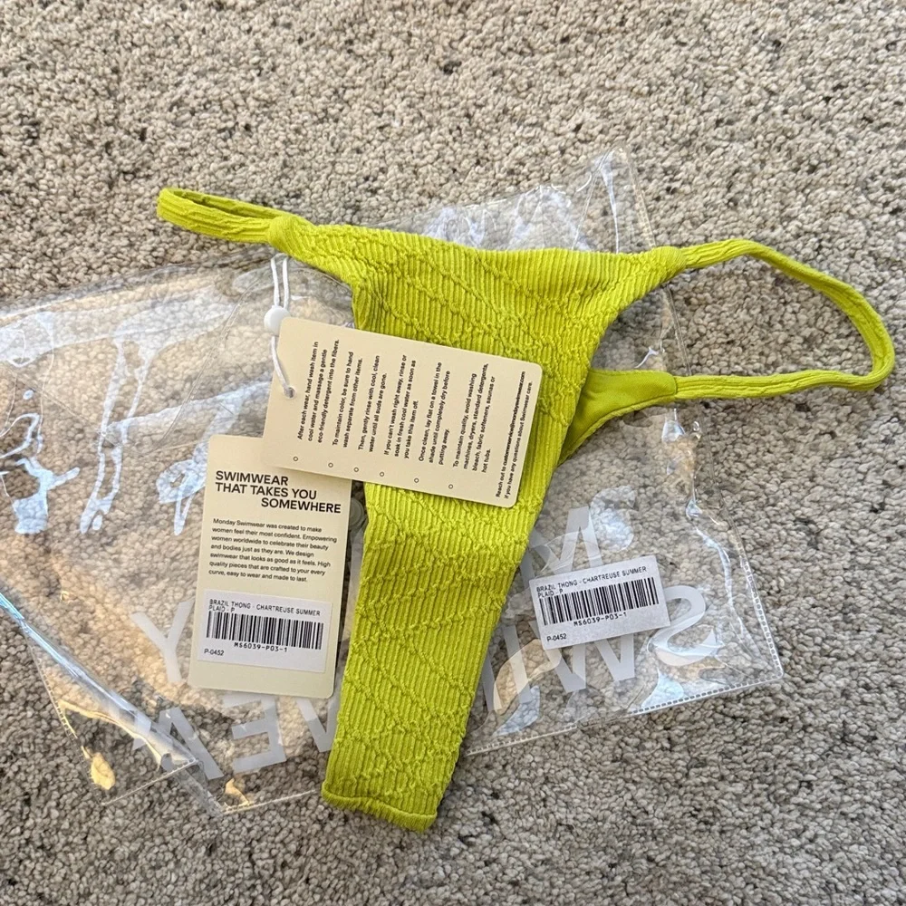 NEW Monday Swimwear BRAZIL THONG BOTTOM - CHARTREUSE SUMMER PLAID Bikini P XS